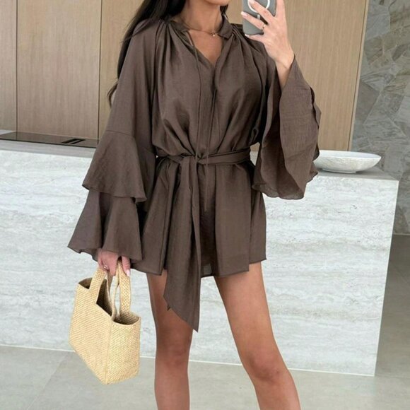 Coffee Boho Women's V-Neck Asymmetrical Tie-Up Long Sleeve Loose Mini Dress - Picture 4 of 5